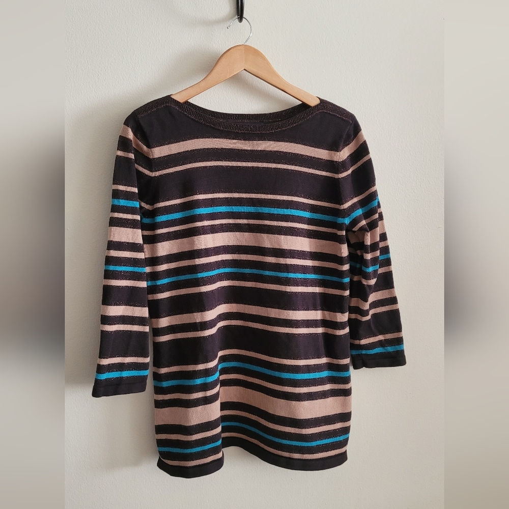 Jones New York Touch of Metallic Striped Sweater, Women's XL, Brown, Tan & Teal